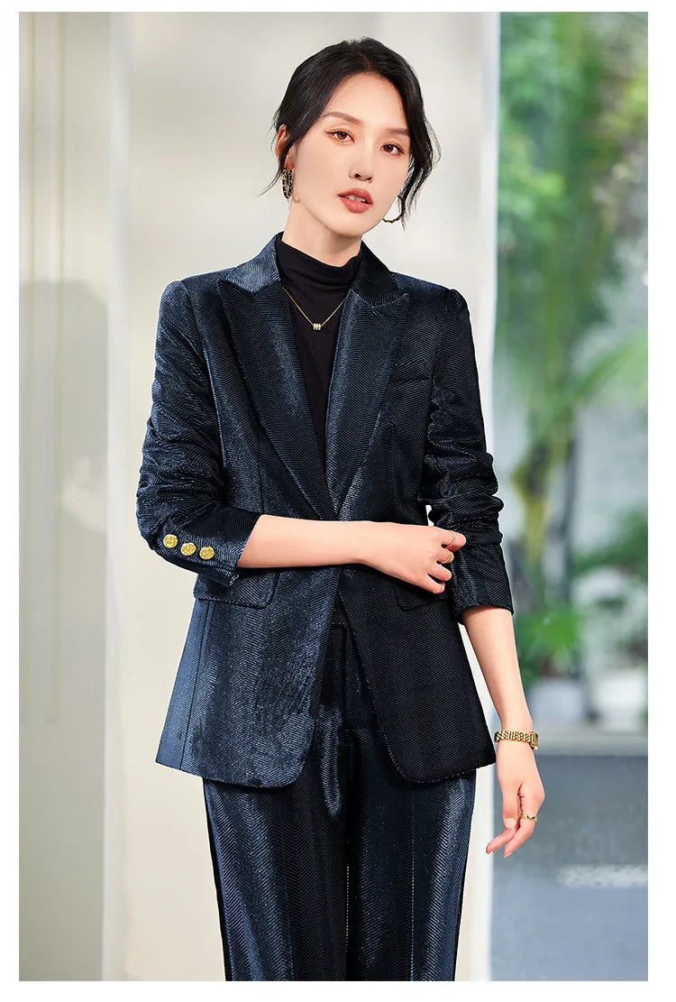 Pleuche Two Piece Sets Womens Outifits 2024 New Fashion Slim Elegant Long Sleeve Blazer Office Lady Flare Pants Suits