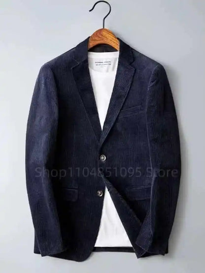 Navy Blue Corduroy Blazer for Men with Notch Lapel Single Breasted Dinner Jacket Elegant Slim Fit Smoking Suit Coat for Wedding
