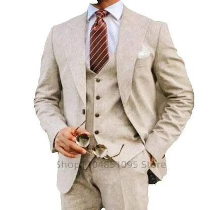 Costume de mariage 3 pièces en lin beige/bleu pour homme, costume de smoking d'été pour le marié, ensemble décontracté pour mariage sur la plage ou bal de promo, avec veste, gilet et pantalon