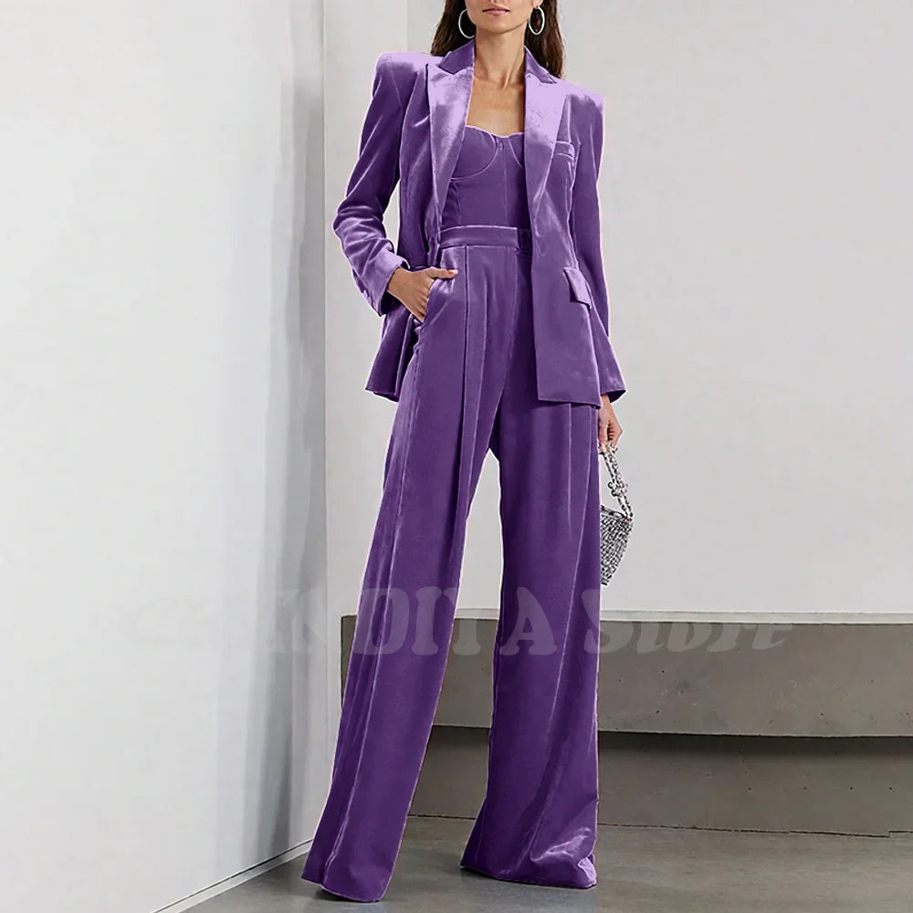 Velvet Women Pants Sets 2 Piece Fashion Peak Lapel Single Breasted Wear Chic Party Casual Office Lady Suits (Blazer+Pants)