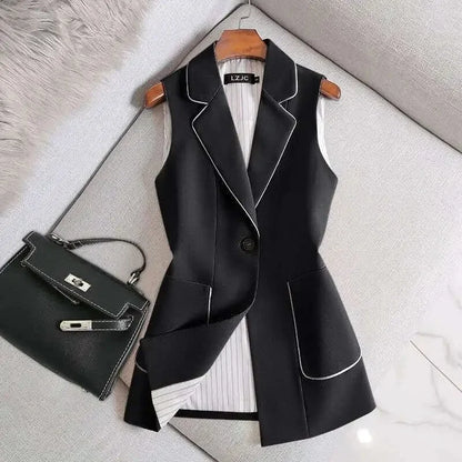 2026 Spring Autumn Women Vintage Long Blazer Vest Chic Single Button Sleeveless Suit Female Jacket Outwear Waistcoat Tops