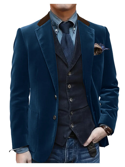 Men Velvet Blazer Contrast Brown Lapel Single Breasted Flap Pockets Smart Casual Business Streetwear Formal Outerwear