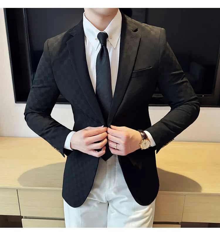 2024 Spring Plaid Blazers Men Single Breasted Casual Business Suit Jacket Fashion Slim Social Banquet Wedding Groom Dress Coats