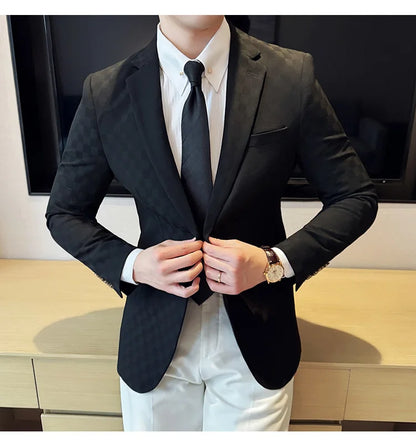 2024 Spring Plaid Blazers Men Single Breasted Casual Business Suit Jacket Fashion Slim Social Banquet Wedding Groom Dress Coats