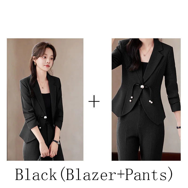 Elegant National Style Buckle Pants Suit  2024 Autumn New Professional Temperament Slim Blazer And Pants Office Ladies Work Wear