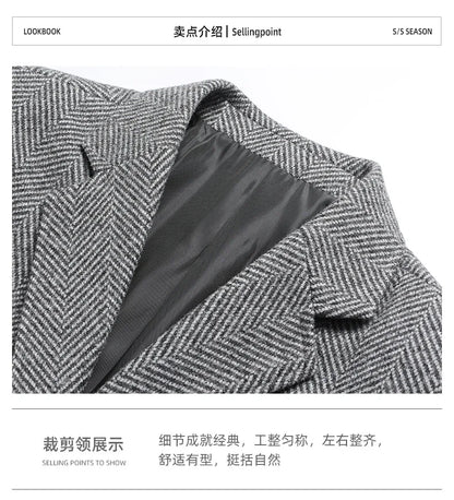 Men's Wool Blazer Herringbone Pattern Casual Business Suit Jacket Comfortable and Stylish Coat