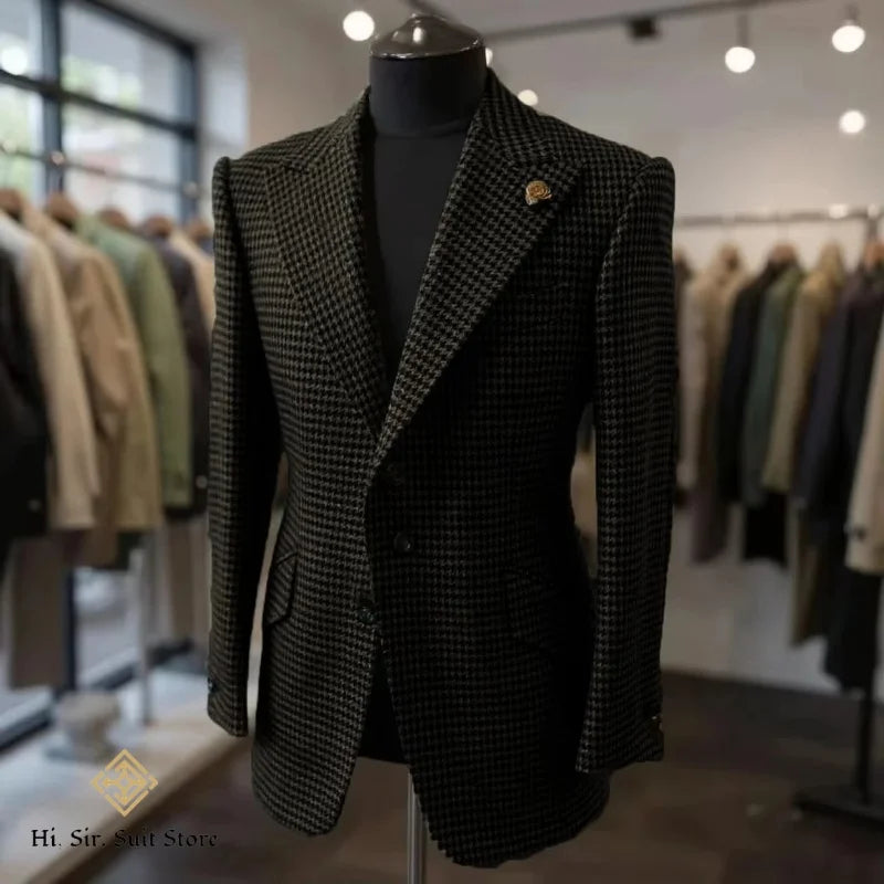 Houndstooth Blazer Men Slim Fit Plaid Suit Jacket Tuxedo One Button Peak Lapel Business Casual Wedding Prom Sport Coats Hot Sale