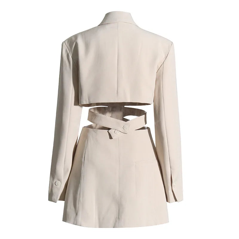 Women's Blazer Elegant Stylish Hollow Out Expose Waist Design Solid Color Patchwork Long-sleeved Slim Fit Suit-Coat HK28002