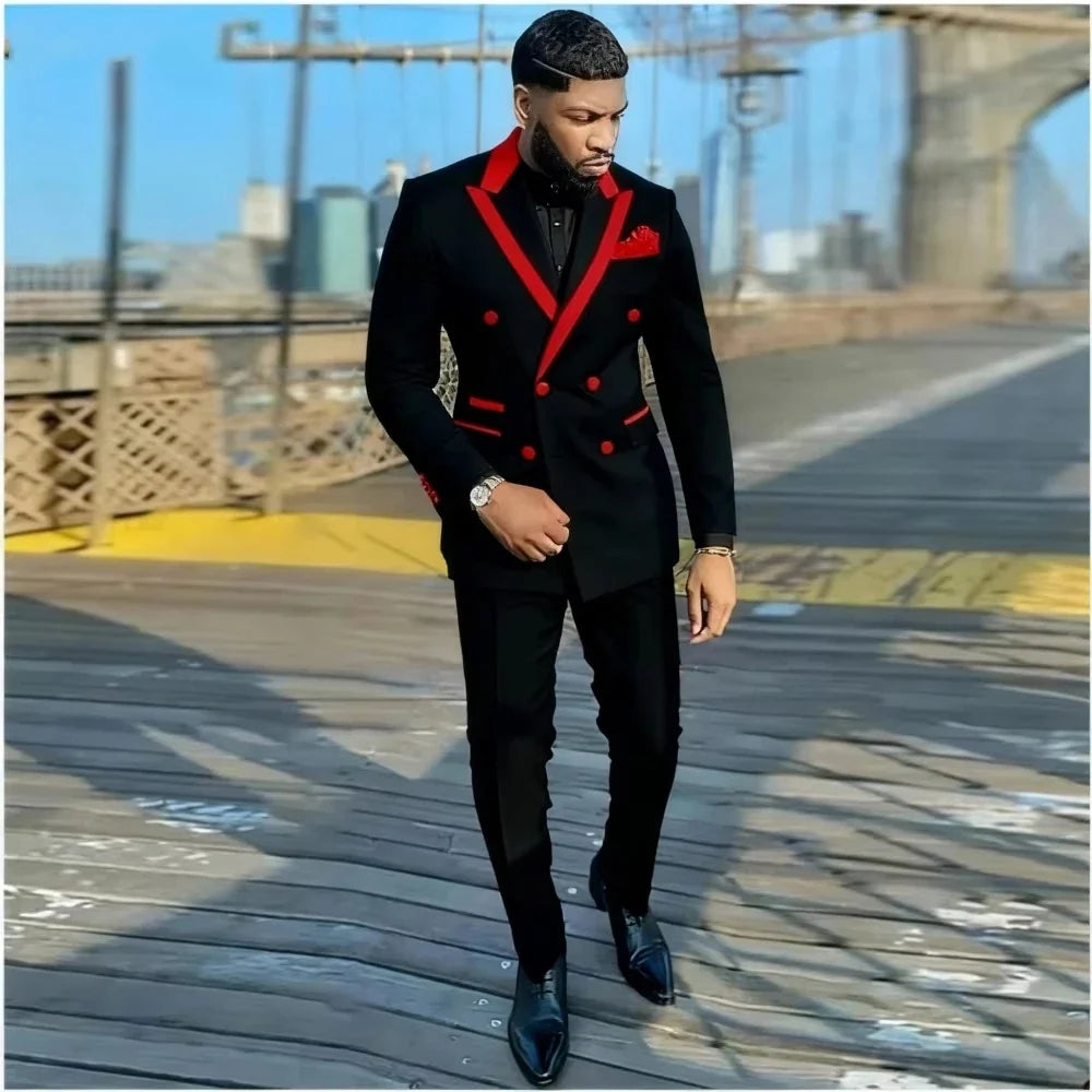 Slim Fit 2 Piece Wedding Men Suits Solid Groom Tuxedo Formal Blazer Pants Set for Prom Party Best Man Peak Lapel Jacket Pants