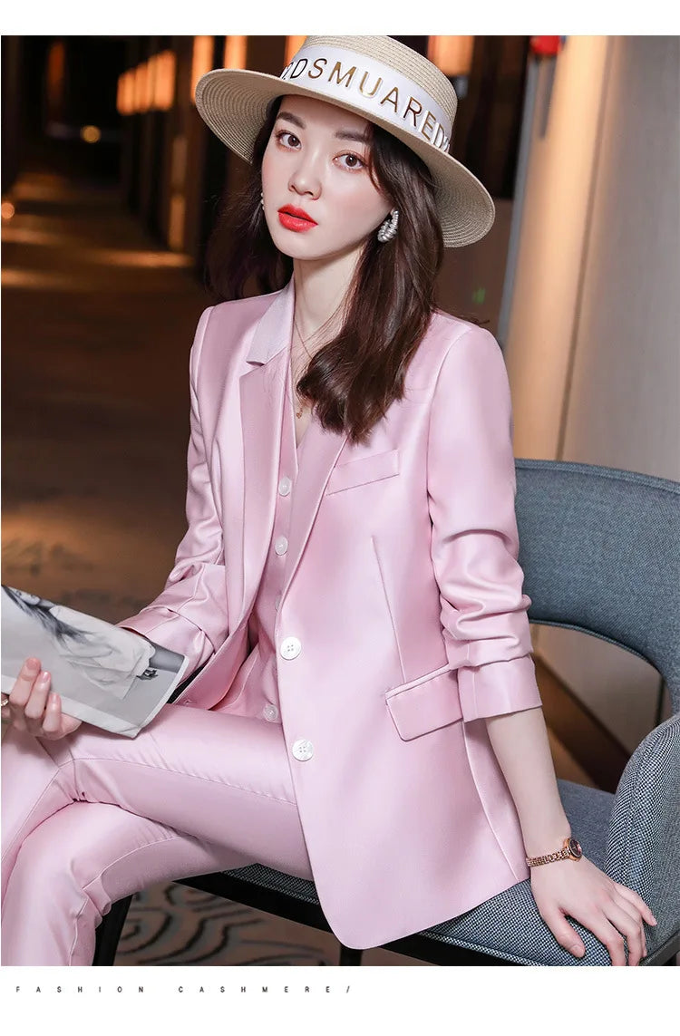 Fashion Elegant Pink High-End Small Business Suit Coat2022Autumn and Winter Elegant Vest Suit Three-Piece Korean Women's Clothin