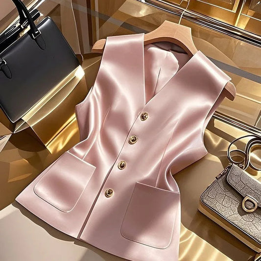 Female Occupation Vest Jacket Korean Ladies Fashion Versatile Blazer Sleeveless Coat Autumn Women Solid Color Suit Waistcoat Top
