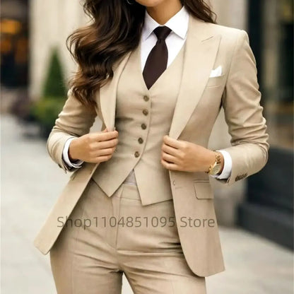 Khaki/Beige  Single Button Women Pants Set New Female Three Pieces(Blazer+Trousers+Vest) Casual Formal Party Suits Lady Outfits