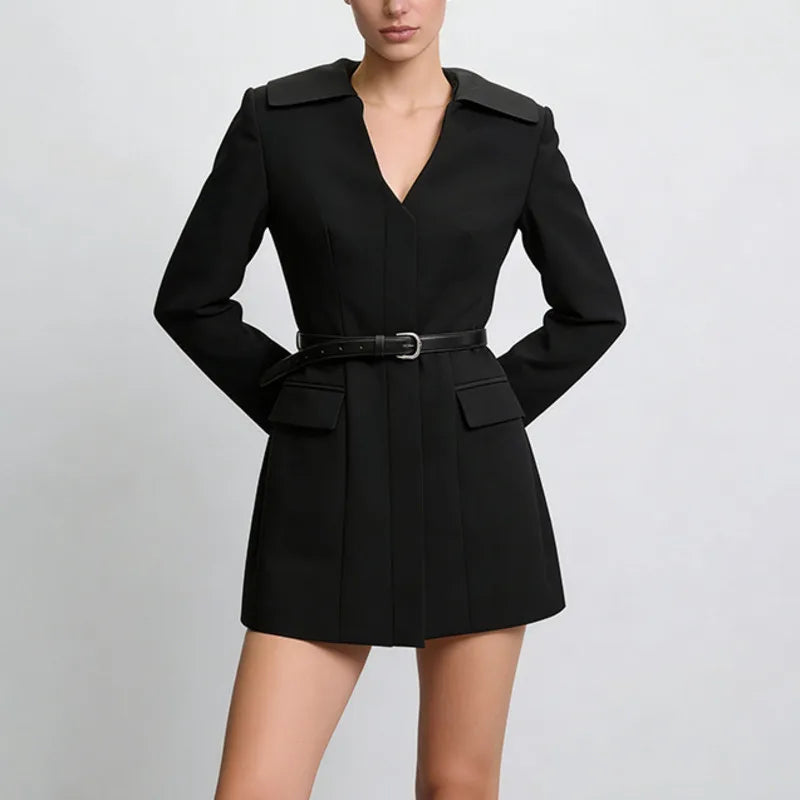 Women Elegant Fashion Blazer Belted Slim Fit V-neck Long Sleeves Office Lady Temperament High-end Jacket New Spring HK20000