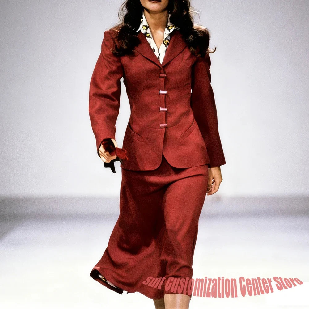 Tailored Burgundy Single Breasted Women's Jacket Two Piece(Blazer+Midi Skirt) Set Vintage Formal Office Lady Outerwears