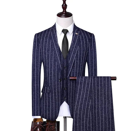 Men's Three-Piece Suit Single Button Vertical Stripe Smart Casual Business Suit