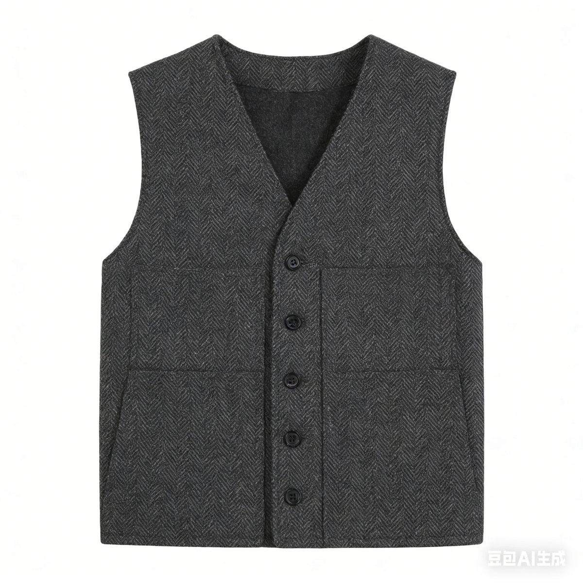 Men's Vest Gray Herringbone Single Button V-Neck Waistcoat for Wedding & Business