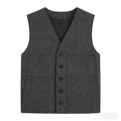 Men's Vest Gray Herringbone Single Button V-Neck Waistcoat for Wedding & Business