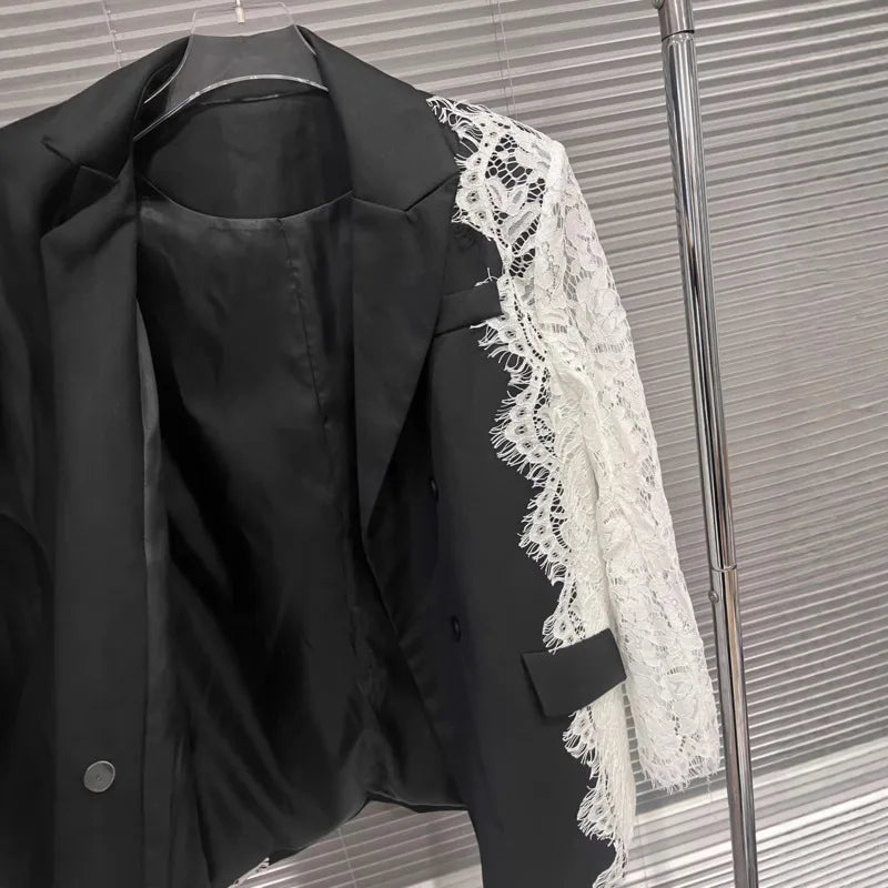 Women Chic Blazer Lace Patchwork Color Block Notched Collar Double Breasted Elegant Trendy Jacker New Spring Autumn HK20168