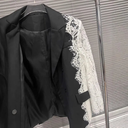 Women Chic Blazer Lace Patchwork Color Block Notched Collar Double Breasted Elegant Trendy Jacker New Spring Autumn HK20168