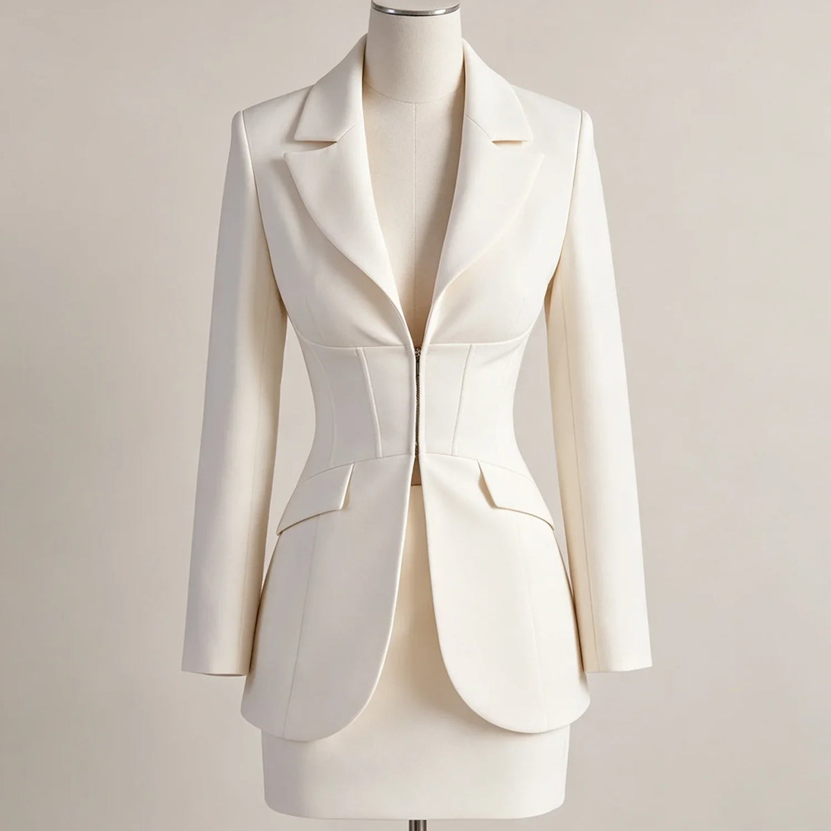 2026 Women  Corset Blazer Mini Skirt 2 Piece Set Lapel Zip Waist Slim Shoulder Pad Formal Suit Outfit