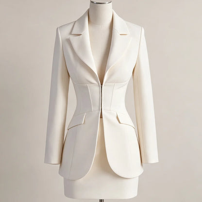 2026 Women  Corset Blazer Mini Skirt 2 Piece Set Lapel Zip Waist Slim Shoulder Pad Formal Suit Outfit