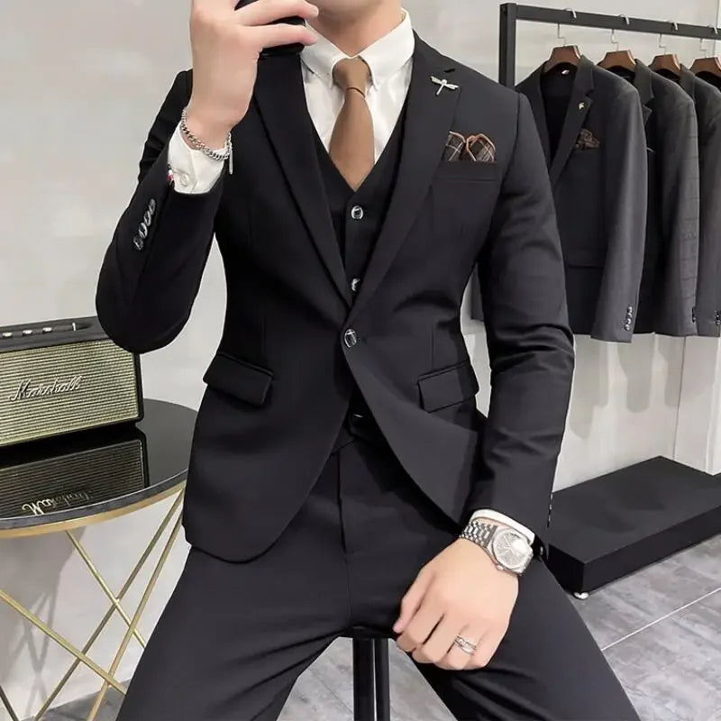 (Jacket +Vest+Pants) Plus Size 7XL-S Men Korean Slim Fit Groom Wedding Business Casual Tuxedo Mens Work Social Suit 3 Pieces
