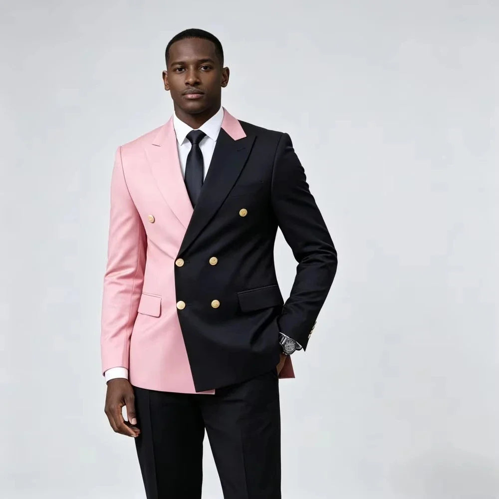 Costume Homme Vert Noir Contraste Couleurs Coupe Slim Double Boutonnage 2 Pièces Tuxedo Mariage Poches à Rabats Boutons de Manchette Tenue de Bureau