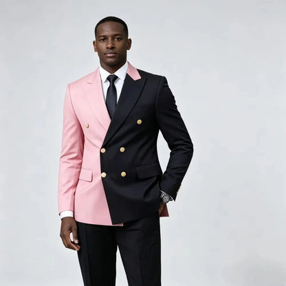 Costume Homme Vert Noir Contraste Couleurs Coupe Slim Double Boutonnage 2 Pièces Tuxedo Mariage Poches à Rabats Boutons de Manchette Tenue de Bureau