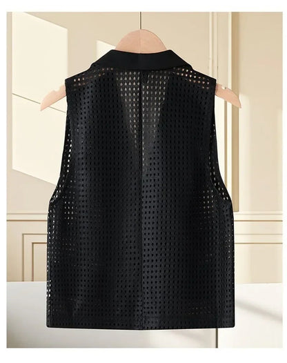 2026  Summer New Women's Openwork Coat Knitted Vest Cardigan Thin  Tops Female Fashion Loose Ladies Outwear Waistcoat Stitching