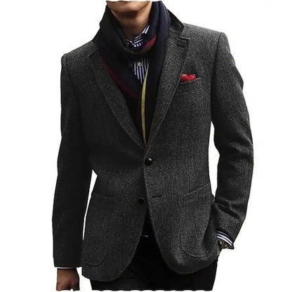 Men's Gray/Brown Herringbone Tweed Blazer Single Breasted Notch Lapel Jacket Office Tuxedo Woolen Suit Coat for Business Wedding