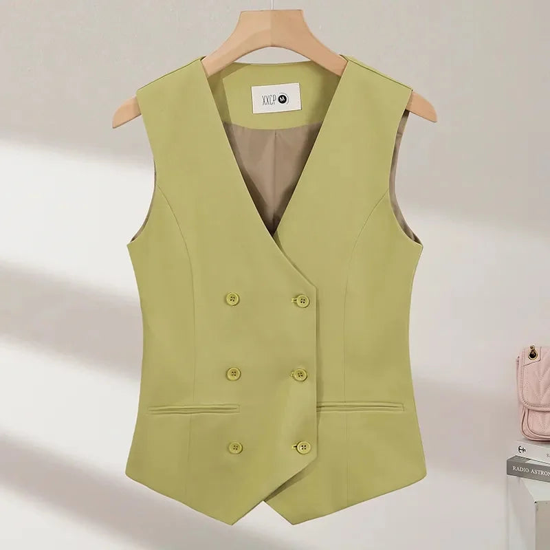 2025 Summer V-Neck Vest Women Thin Loose Waistcoat Double-breasted Sleeveless Blazer Female Slim Short Vest Femme Slim Buttons