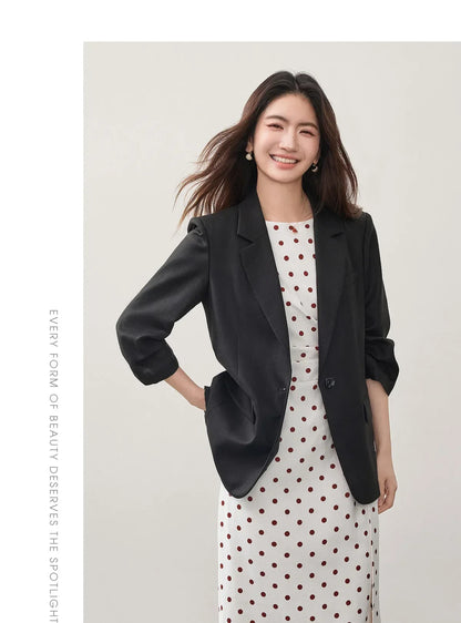 Women's Light Business Blazer Padded Shoulder Acetate Lyocell Blend 2026 Autumn Commuter Casual Suit Jacket 163XC7789
