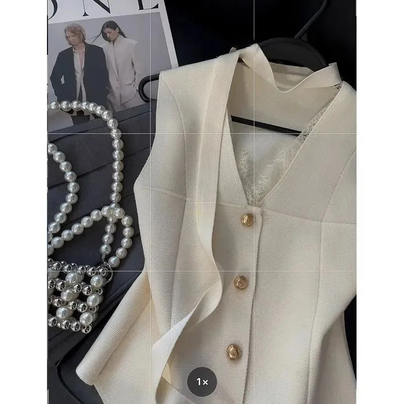 Female Light luxury Waistcoat Tops Korean Ladies Fashion Solid Color Vest Coat Summer Women Lace V-neck Ribbon Knit Sleeveless