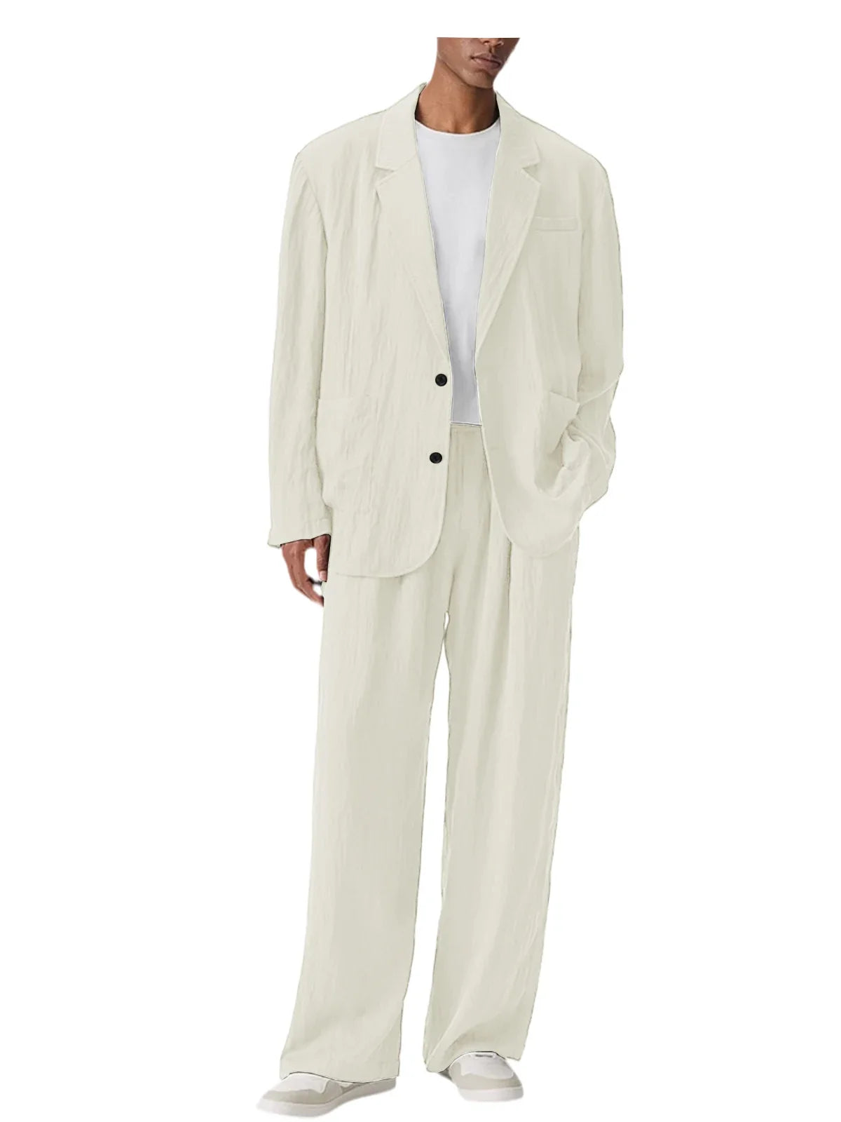 Men's Linen Blend Wrinkled Two Piece Suit Loose Two Button Blazer Wide Leg Trousers Casual Vacation Daily Soft Breathable Outfit