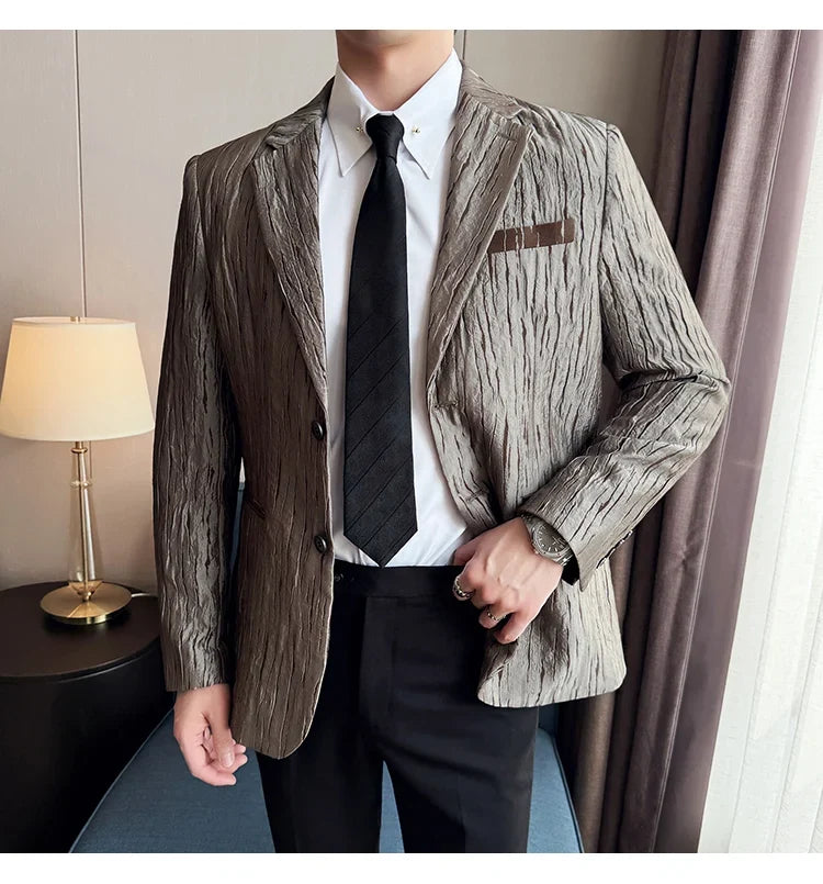 Korean Trend 3D Pleated Suit Jacket for Men Wedding Groom Business Dress Jacket Casual Banquet Party Host Blazer Masculino