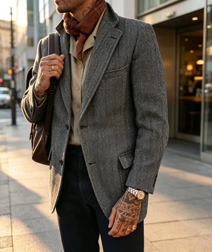 Mens Herringbone Tweed Blazer Vintage Wool Blend Houndstooth Jacket Regular Fit Notch Lapel Business Casual Outerwear Coat