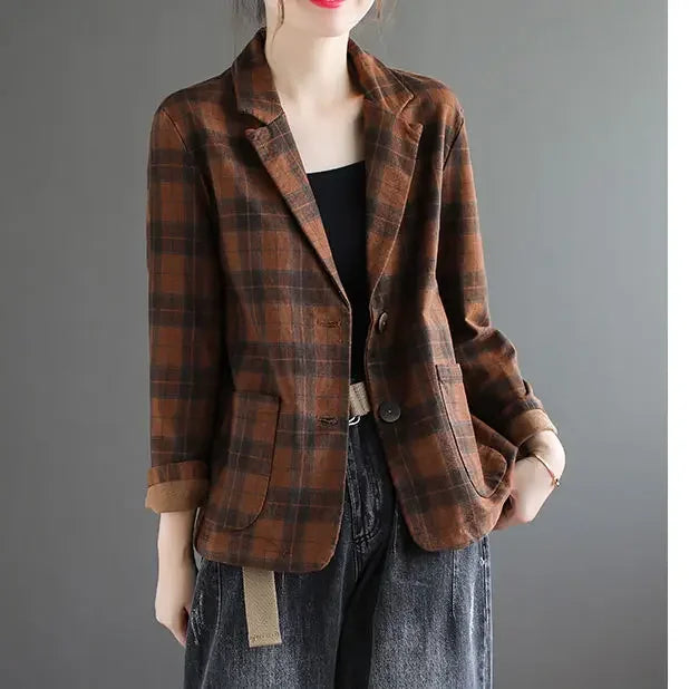 Fashion Chic Cotton Plaid Blazer Female Spring and Autumn New Literary Retro Elegant Commuter Small Incense Wind Jacket Women
