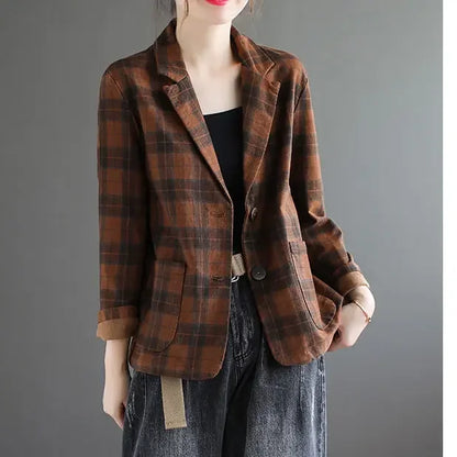 Fashion Chic Cotton Plaid Blazer Female Spring and Autumn New Literary Retro Elegant Commuter Small Incense Wind Jacket Women