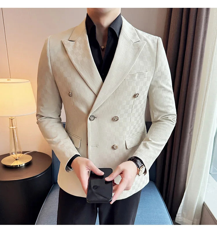 6 Color Luxury Double Breasted Blazers Coats 2024 New Fashion Checkered Business Slim Fit Social   Formal Suit Jacket 5XL-M