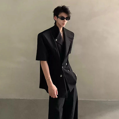2026 Summer Fashion Double Breasted Solid Color Short Sleeve Blazer Coat Men's Elegant Temperament Korean Clothes JY6389