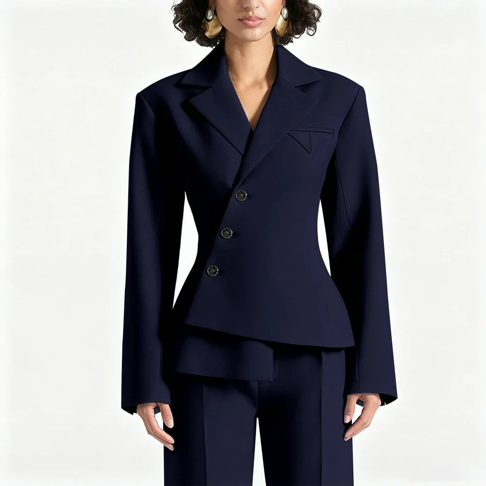 Black Asymmetric Blazer Suit Women's Slim Fit Single Breasted Notch Lapel Set Minimalist Office Modern Casual Workwear Outfit