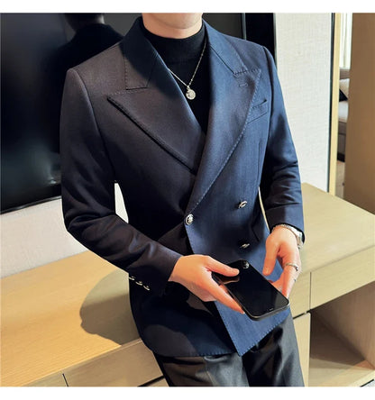 Autumn Winter Thickened Woolen Suit Jacket Men Double-breasted Casual Business Blazers Slim Fit Wedding Social Dress Coat M-4XL