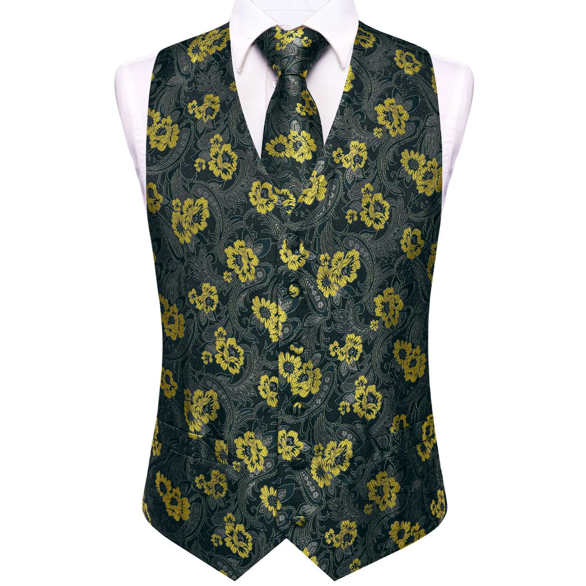 Men's Floral Waistcoat 6-Piece Set Black Yellow Single Breasted Vest for Wedding & Banquet