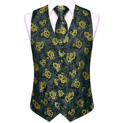 Men's Floral Waistcoat 6-Piece Set Black Yellow Single Breasted Vest for Wedding & Banquet