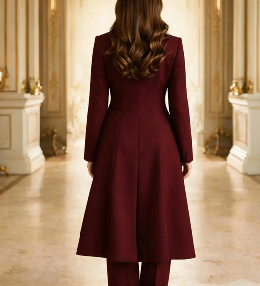 New Womens Burgundy 3 Pcs Longcoat Suit Elegant Wedding Guest Power Women's Suit Mariage (Jacket+Vest+Pants)