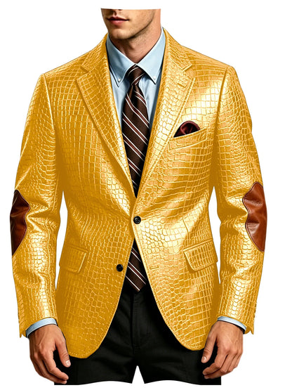Men's Faux Leather Blazer  Crocodile Pattern Printed Sports Coat Jacket with Elbow Patch  For Party Prom Banquet Wedding Office