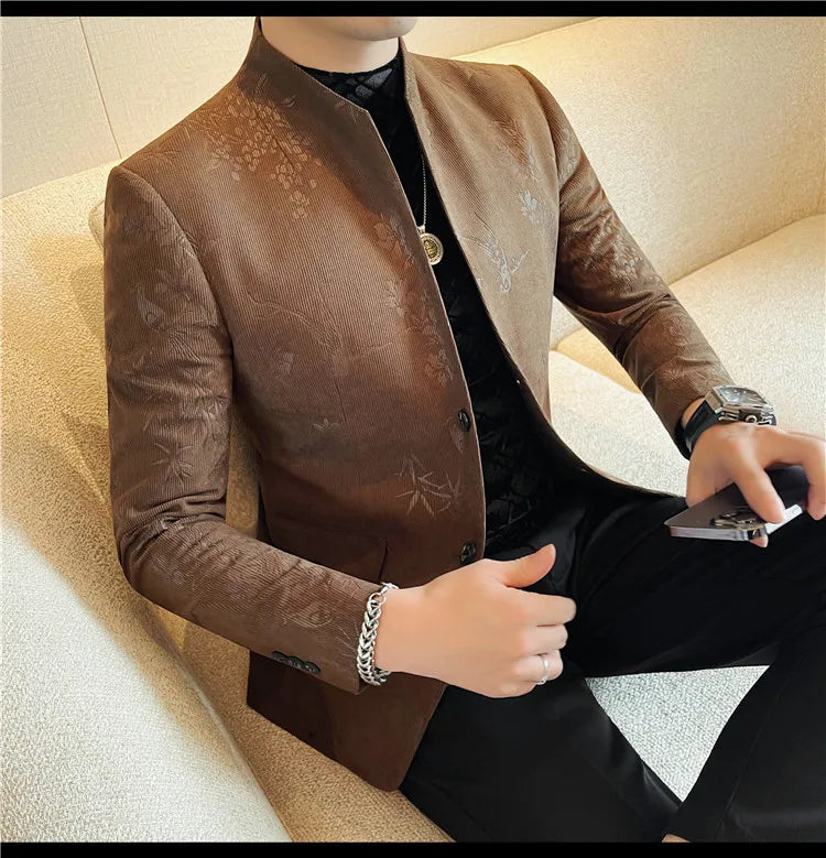2025 Spring Trendy Jacquard Suit Jacket Men Stand Up Collar Casual Blazers Slim Wedding Business Streetwear Social Dress Coats