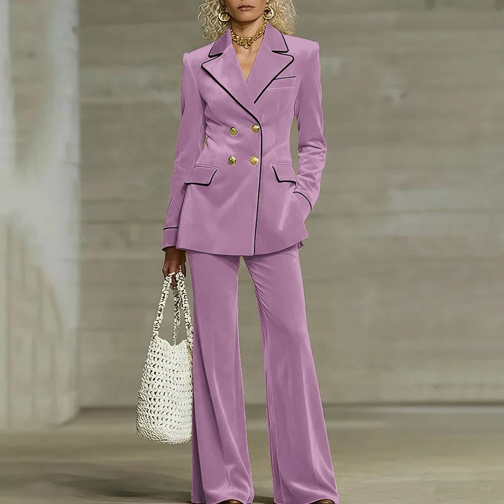 Luxury Women Yellow Velvet Clothing Double-Breasted Blazer+Pants Sets Elegant Winter Daily Suit Slim Fit Office Outerwears