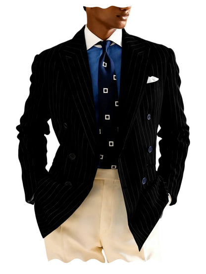 Navy Blue Striped Pattern Business Suit Jacket Double Breasted Slim Fit Blazer Casual Formal Attire Office Groom's Wedding Dress