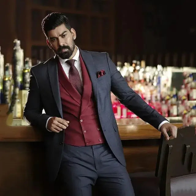 Light Grey Jacket Royal Blue Vest Pant Men Suit Slim Fit 3 Piece Tuxedo Costume Homme Groom Wedding Suits Terno Masculino